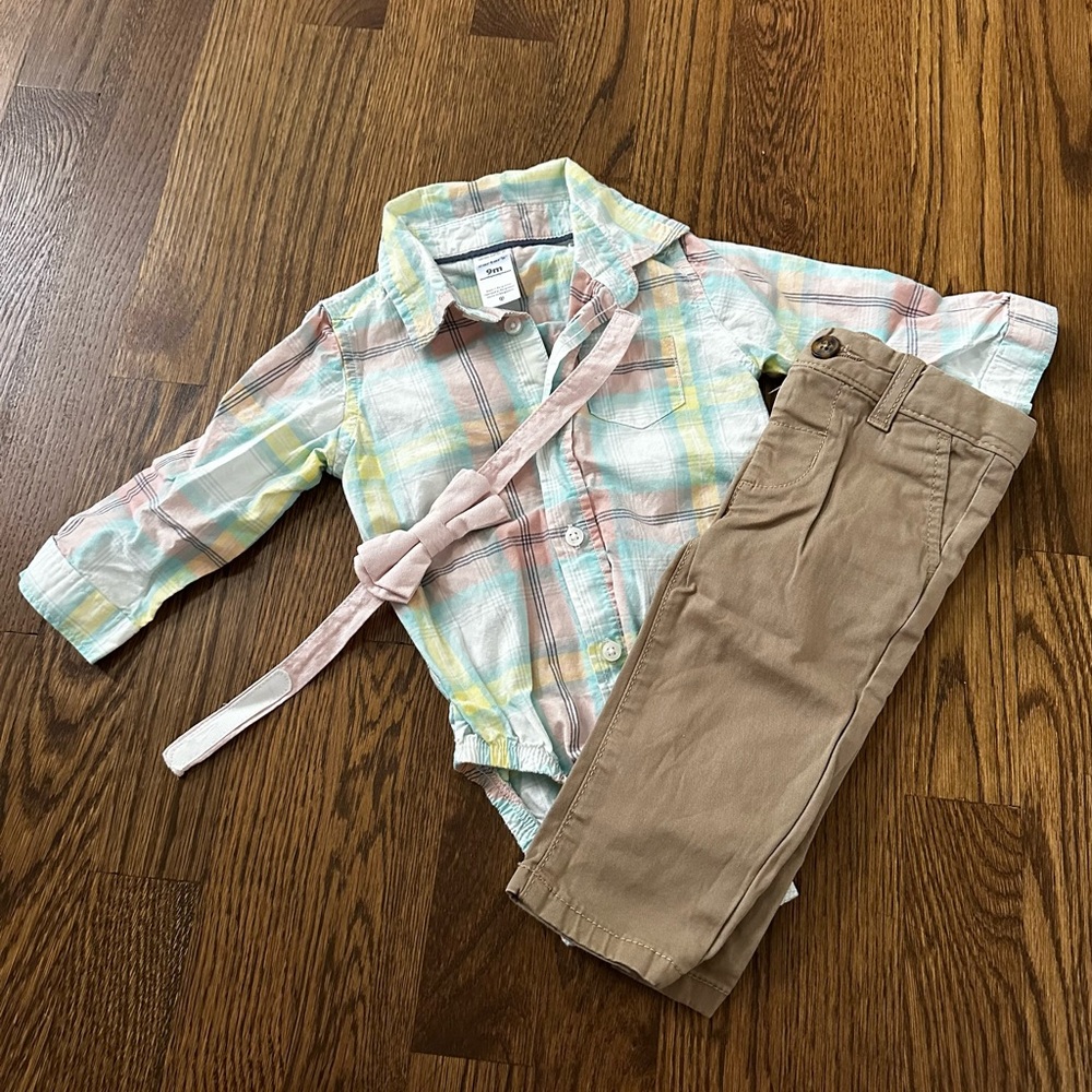 Carter’s plaid pastel outfit with bow tie, size 9M